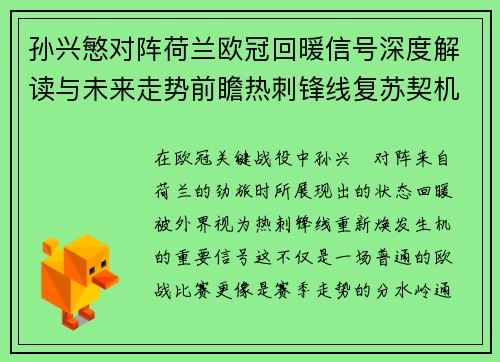 孙兴慜对阵荷兰欧冠回暖信号深度解读与未来走势前瞻热刺锋线复苏契机